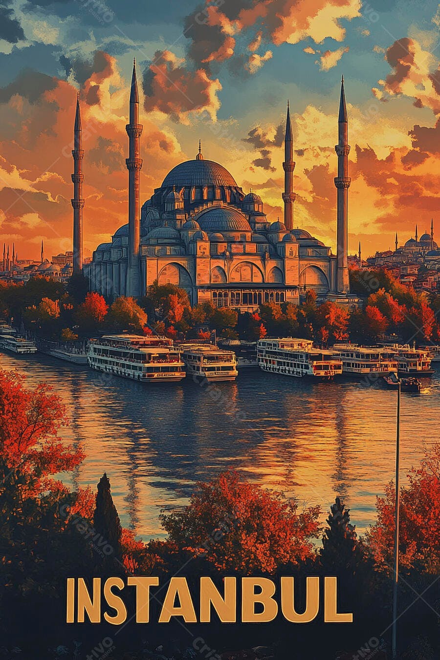 Mesquita de Istambul no pôr do sol dourado com barcos e folhagem de outono