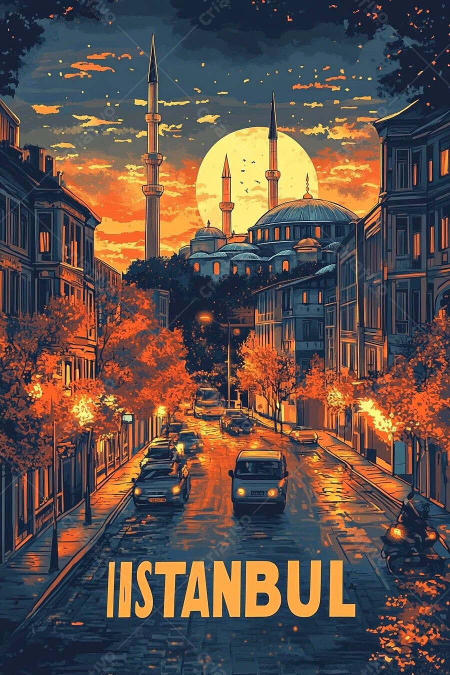 Istambul ao entardecer com mesquita e rua movimentada sob lua cheia