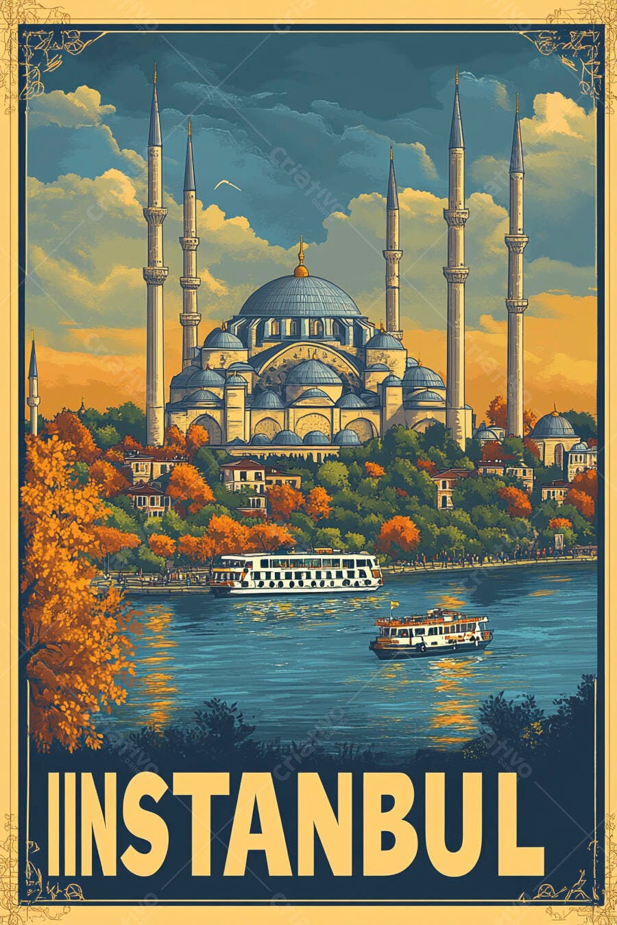 Mesquita Azul em Istambul com barcos no rio e árvores de outono