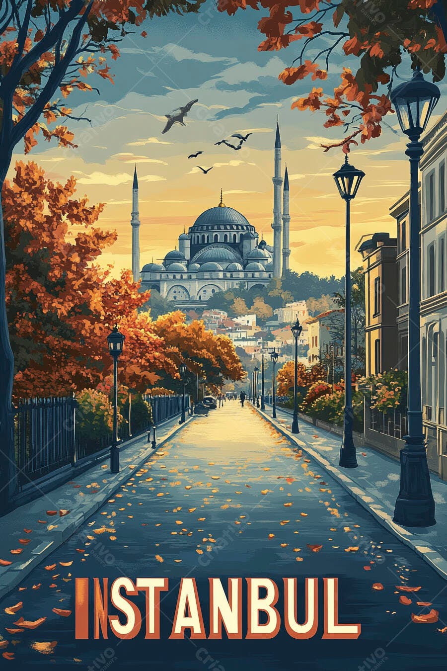 Mesquita Azul de Istambul rua de outono com folhas e céu laranja ao entardecer