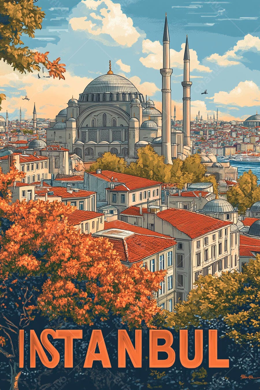 Istambul paisagem urbana com mesquita imponente e folhas de outono