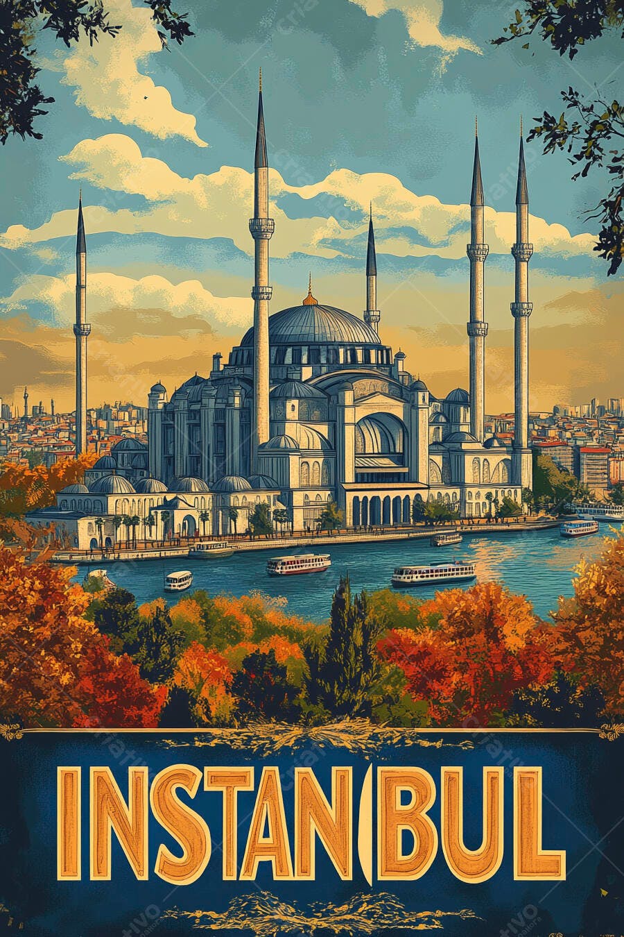 Mesquita de Istambul à beira-mar com barcos e folhagem de outono sob céu azul