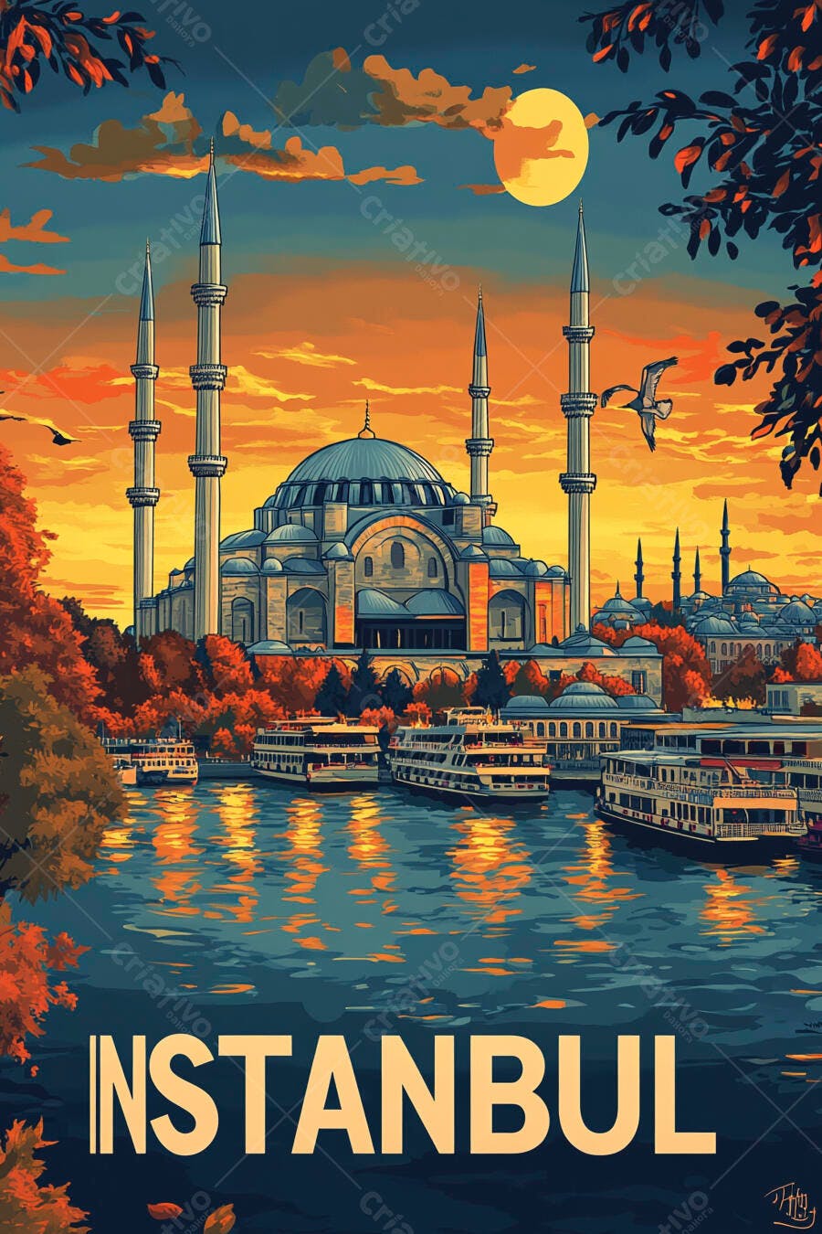 Mesquita azul em Istambul ao pôr do sol com barcos no rio Bósforo