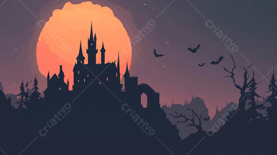 Castelo assombrado à noite com morcegos e lua cheia laranja