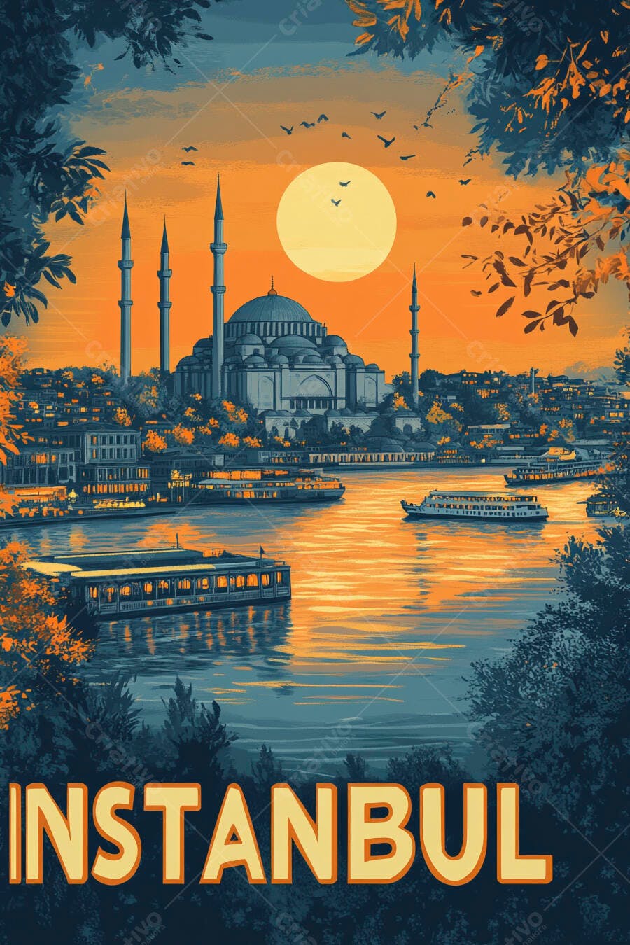 Istambul pôr do sol Mesquita Azul minaretes Bósforo barcos no estreito céu laranja