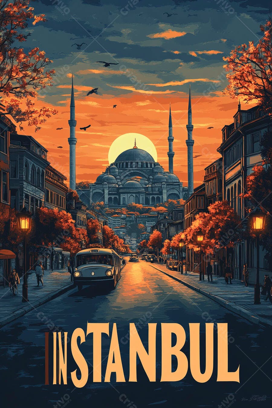Mesquita de Istambul ao pôr do sol rua com ônibus e árvores outonais