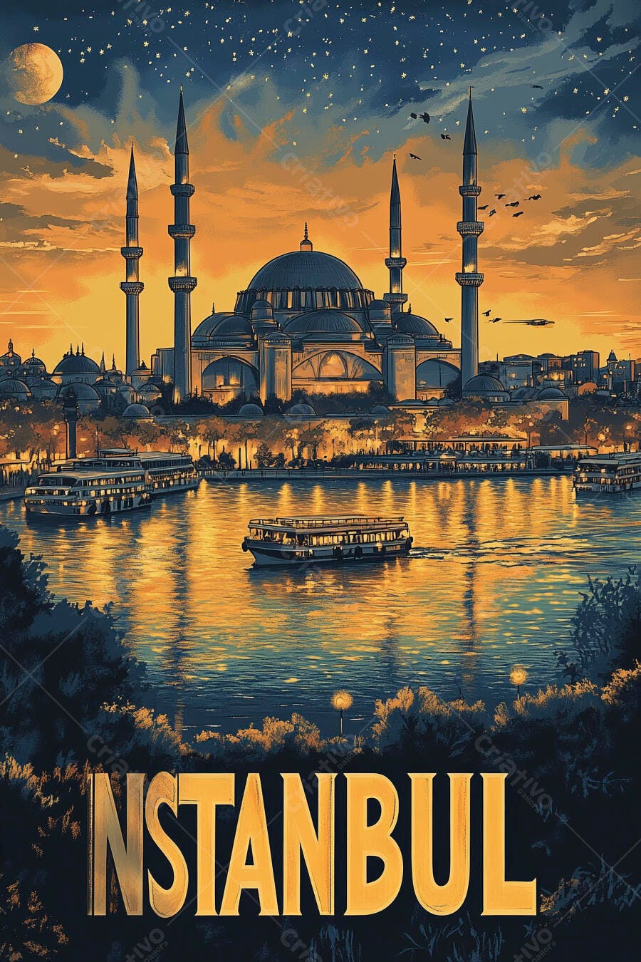 Istambul pôr do sol mesquita azul e minaretes majestosos com barco no rio sob estrelas