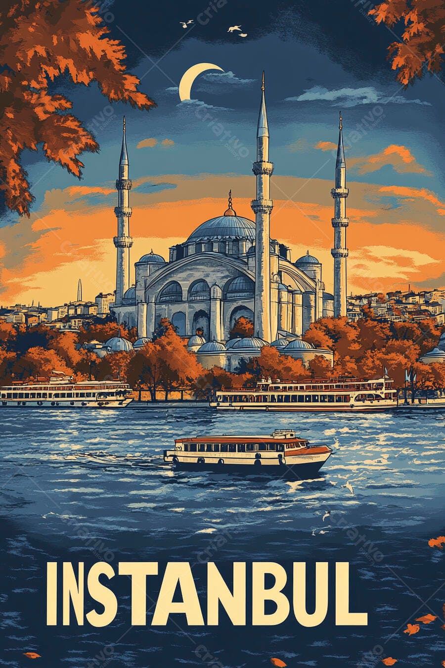 Mesquita de Istambul no Bósforo ao entardecer com barco e céu laranja