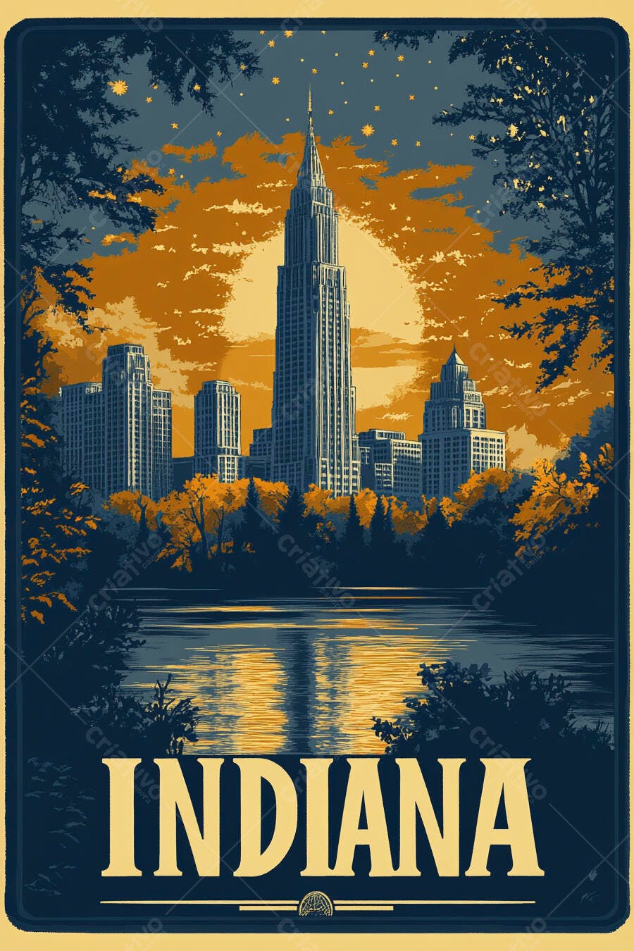 Pôster vintage Indiana cidade com lago e arranha-céus ao anoitecer laranja