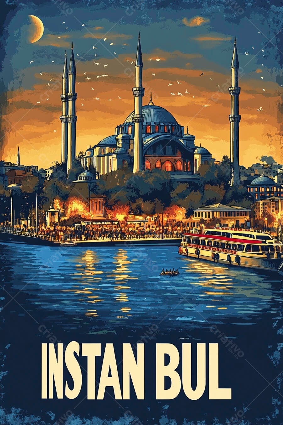 Mesquita majestosa de Istambul ao anoitecer com barco no Bósforo