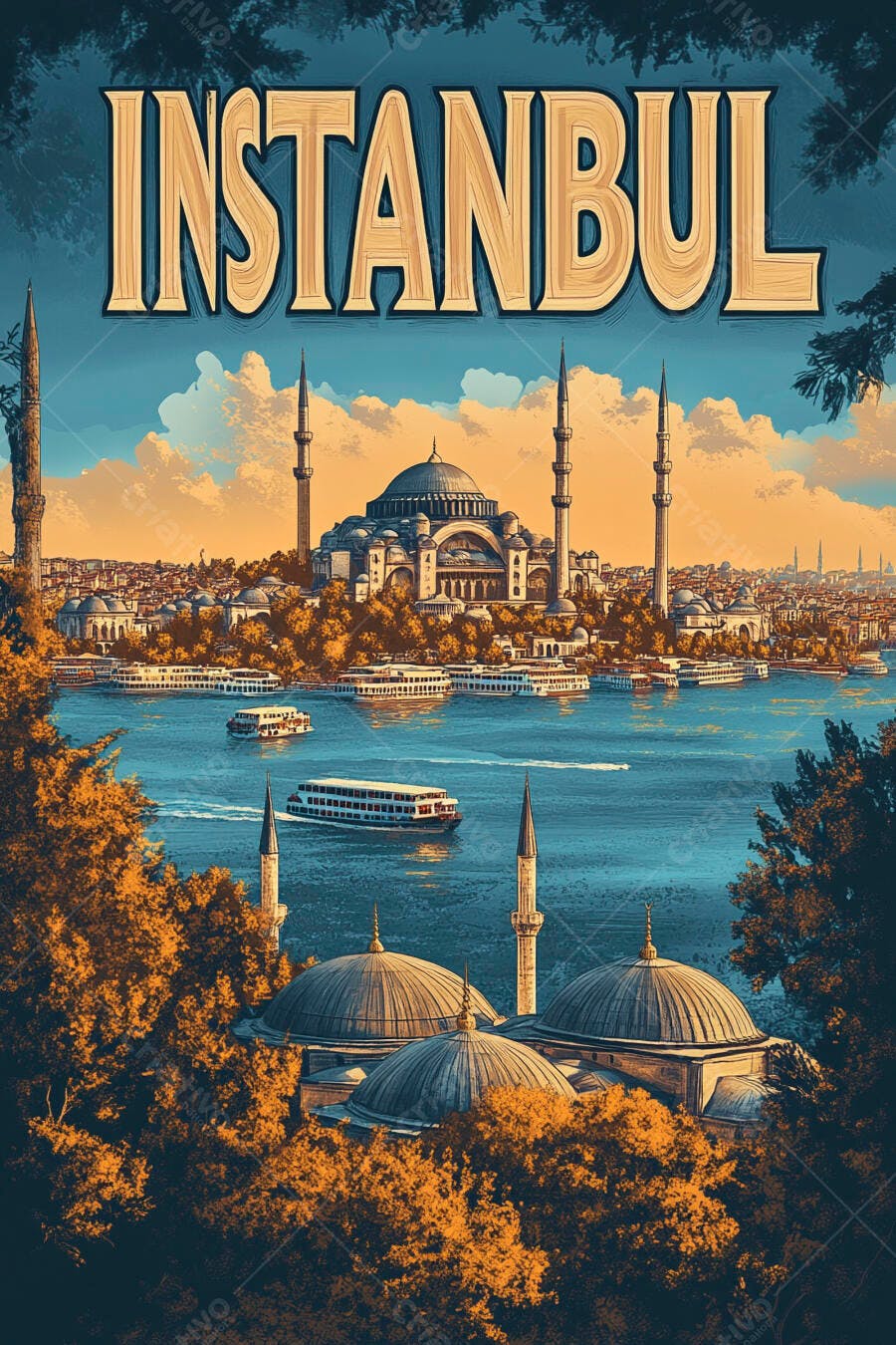 Paisagem de Istambul com mesquitas barcos e céu dourado no Bósforo