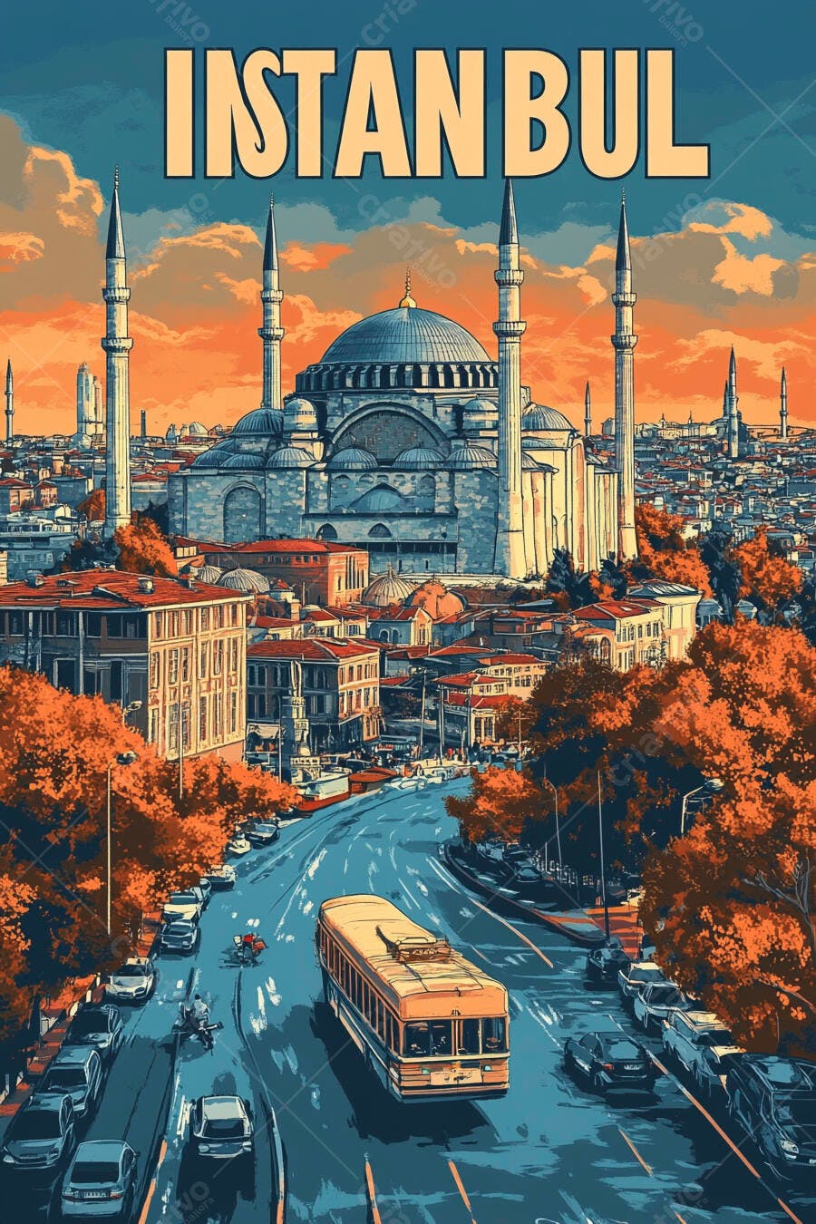 Istambul ilustração vibrante com bonde amarelo e mesquita azul ao entardecer