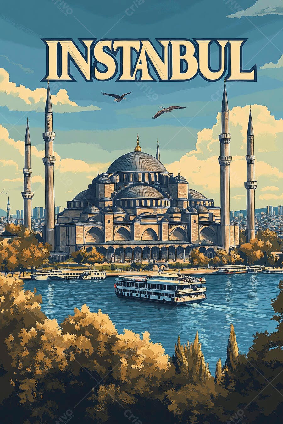 Mesquita Azul em Istambul com barco no rio e céu azul claro