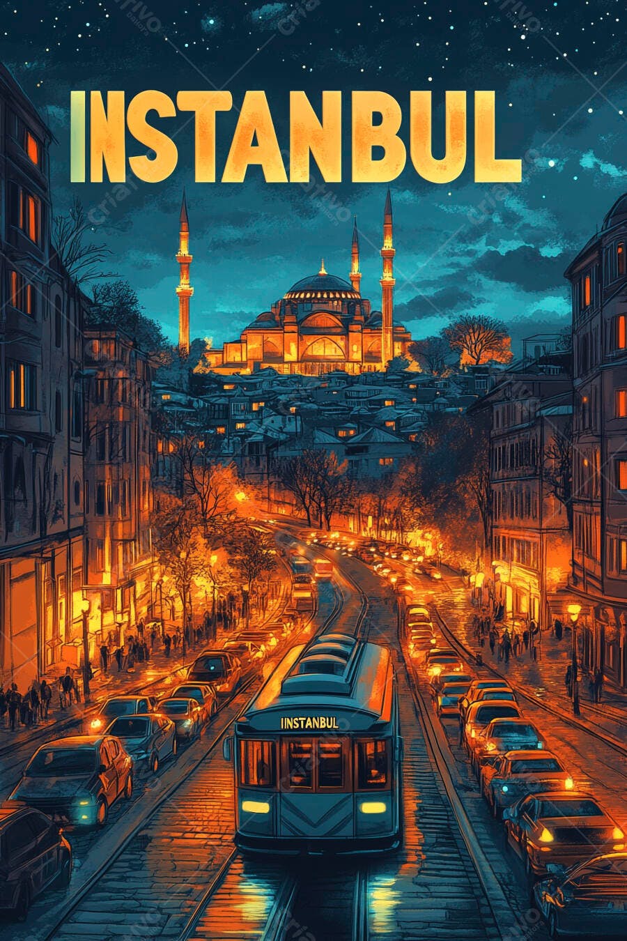 Istambul noite vibrante bonde em rua iluminada com mesquita ao fundo