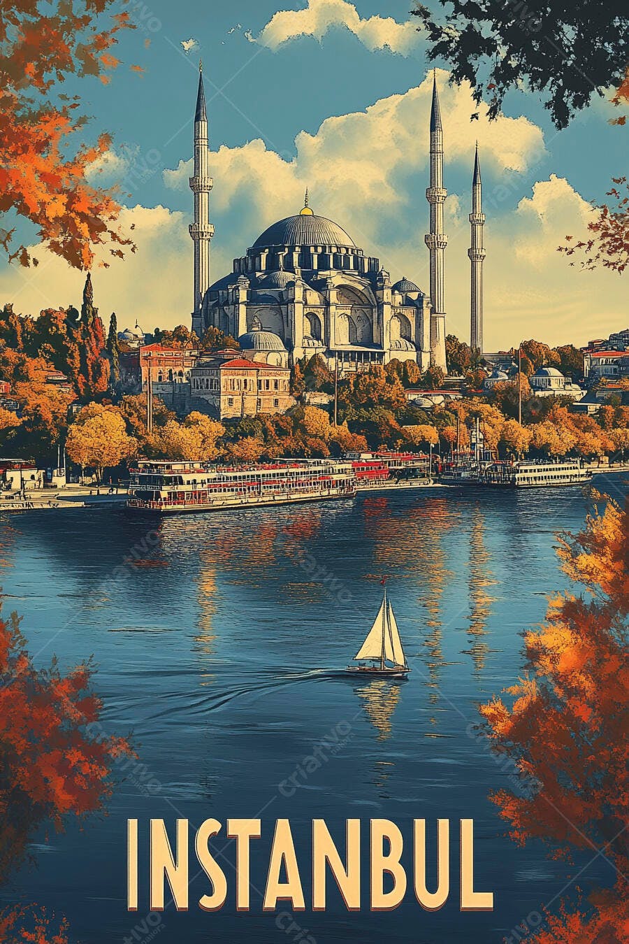 Istambul Mesquita Azul Bósforo folhagem de outono e veleiro ilustração