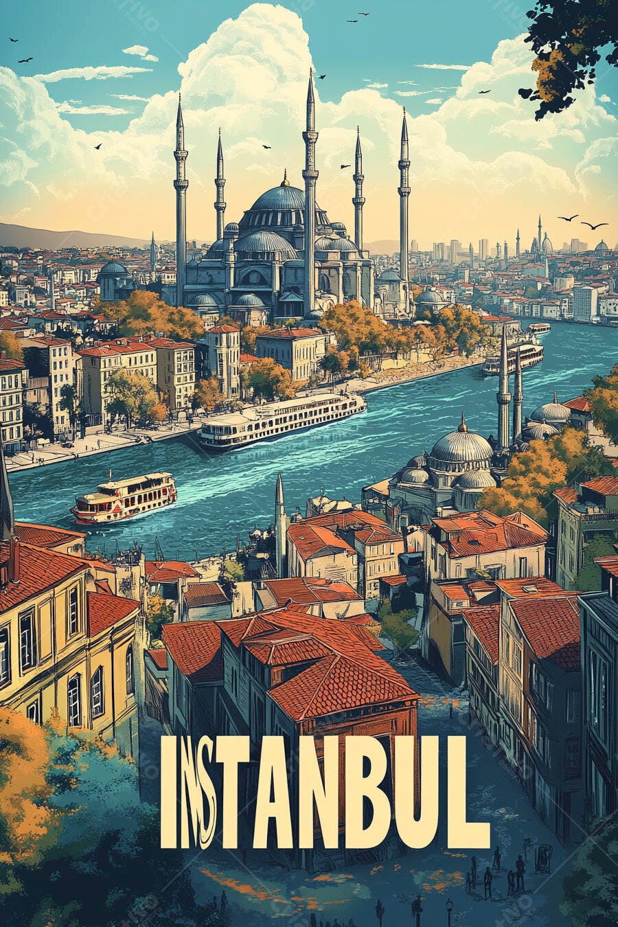 Istambul vista aérea Mesquita Azul e Bósforo ilustração colorida