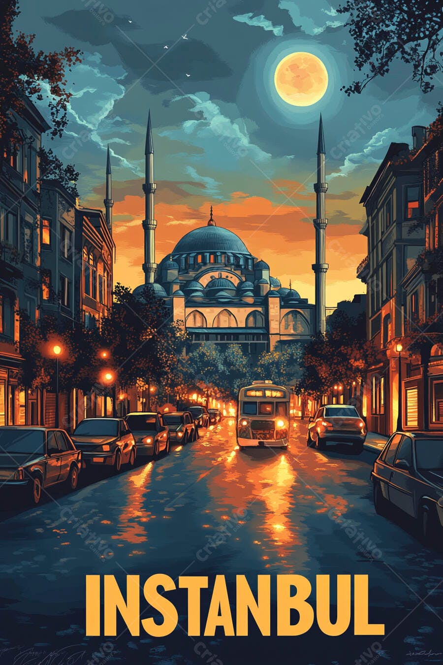 Mesquita iluminada em Istambul com lua cheia e rua movimentada à noite