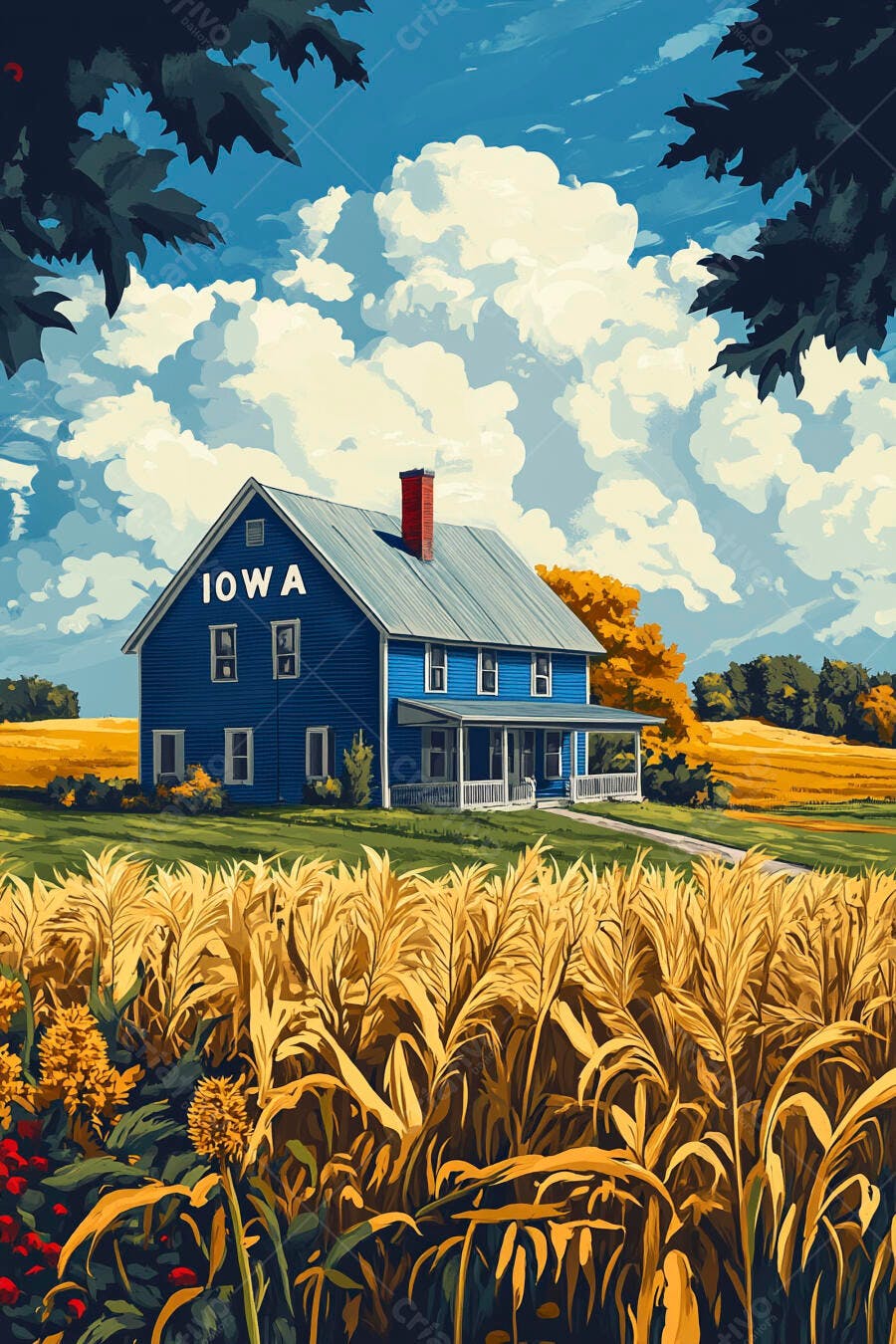 Casa azul rural com letreiro IOWA em vasto campo dourado sob céu azul com nuvens brancas