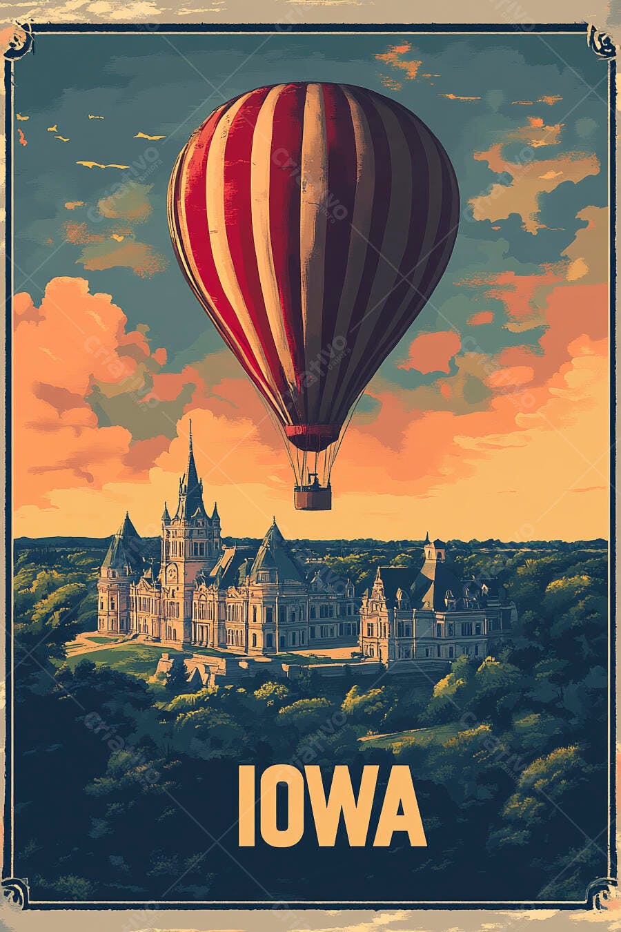 Balão de ar quente vermelho e branco sobre castelo em Iowa ao pôr do sol