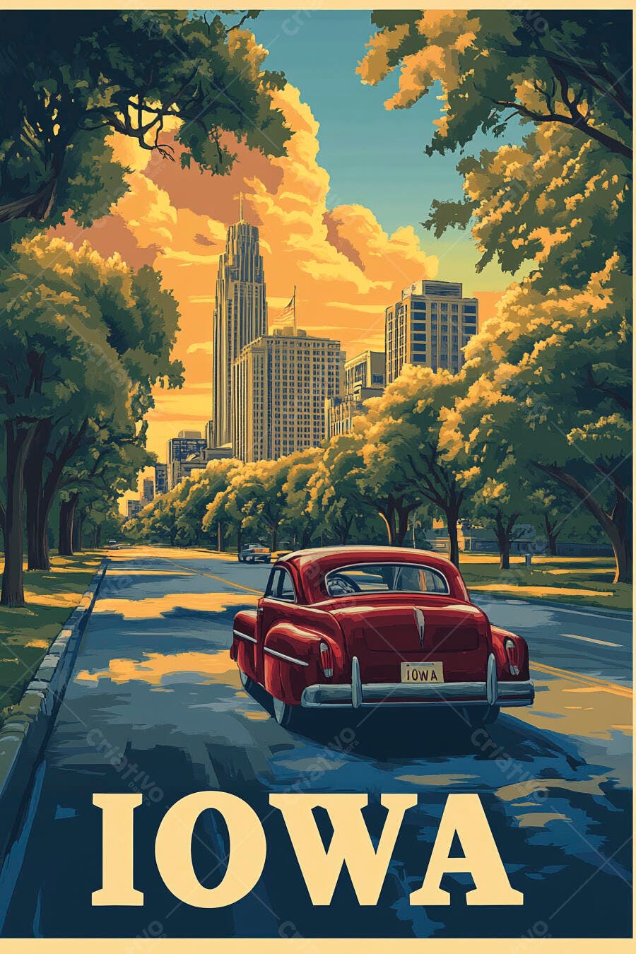 Carro clássico vermelho na rua de Iowa ao pôr do sol urbano