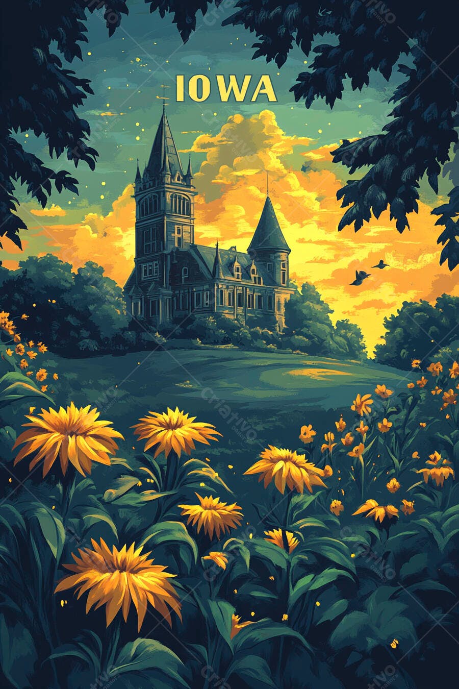 Mansão gótica em Iowa ao pôr do sol com flores amarelas