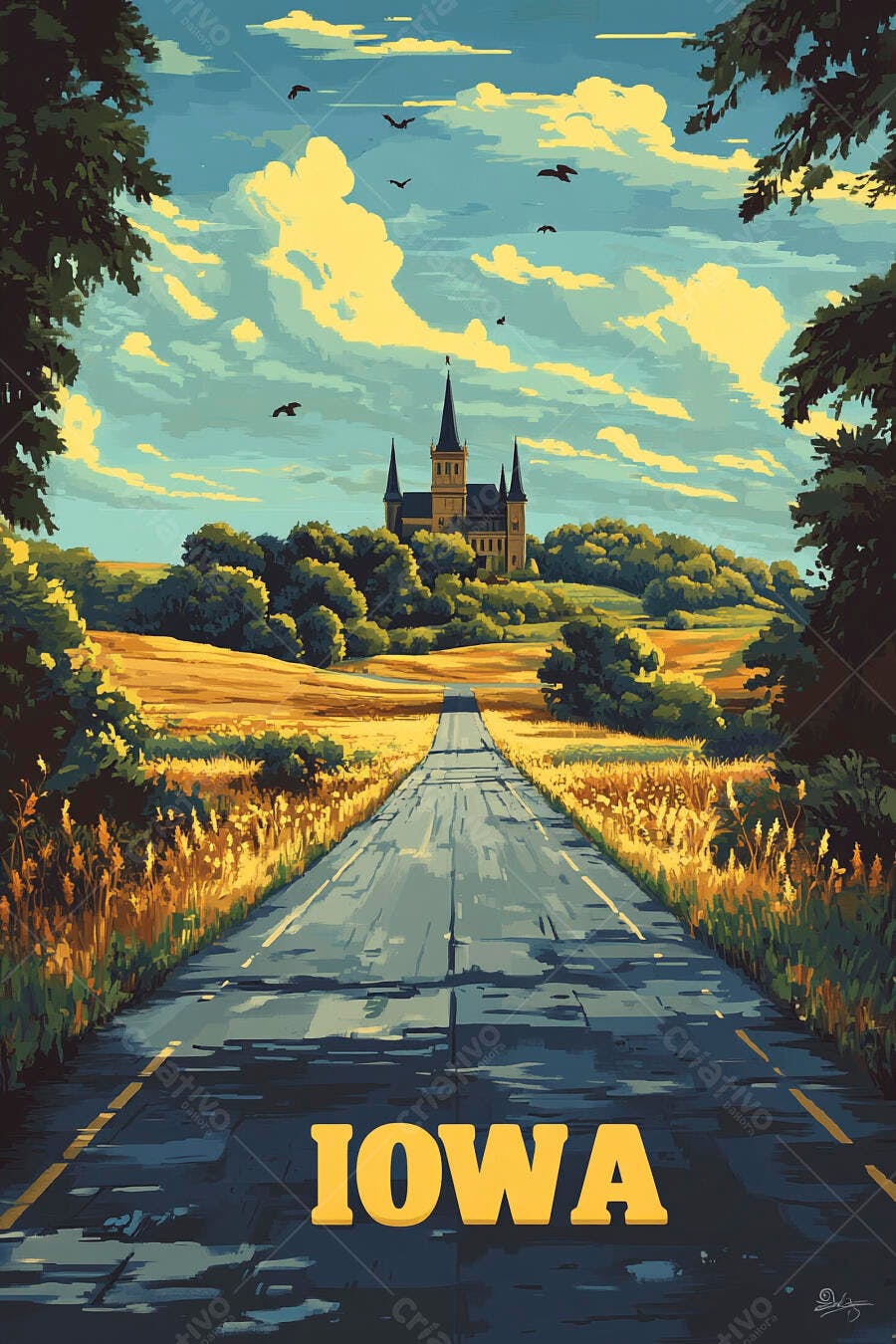 Estrada rural em Iowa levando a castelo com campos dourados e céu azul claro