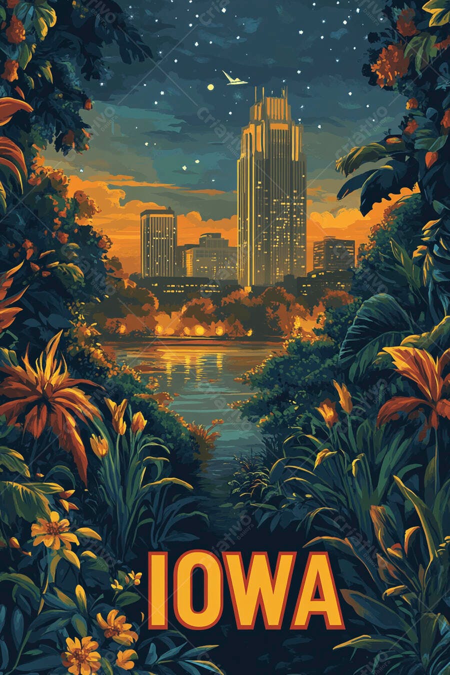 Paisagem noturna Iowa com arranha-céus iluminados e vegetação densa