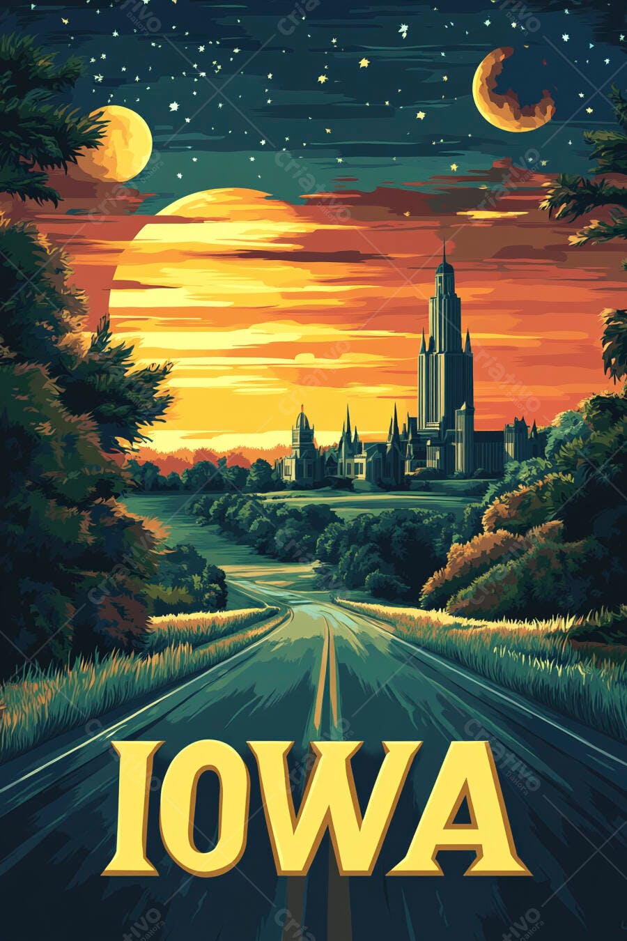 Paisagem de Iowa com estrada ao pôr do sol e céu estrelado com duas luas