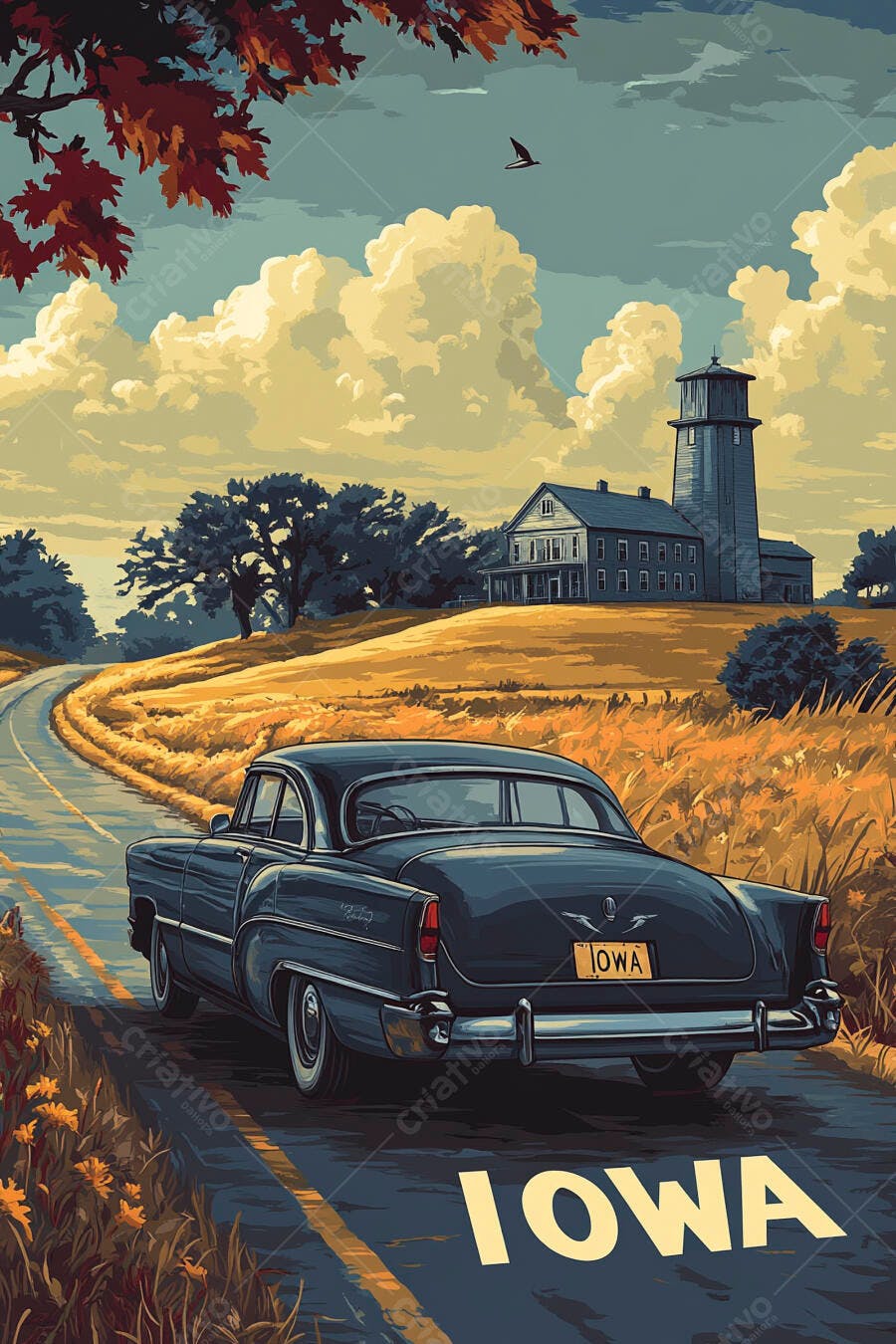 Carro vintage azul na estrada rural de Iowa com casa e torre