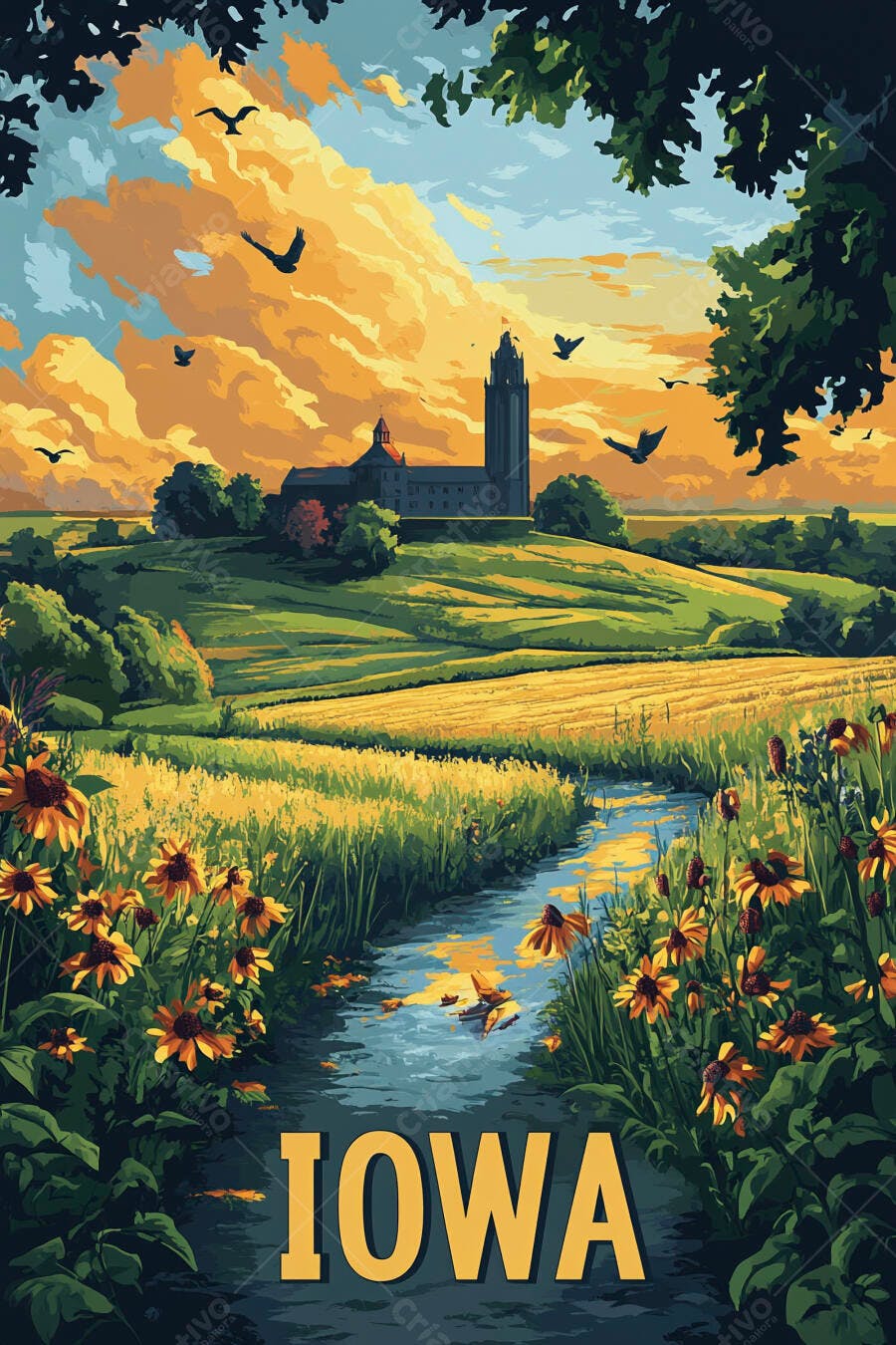 Iowa ilustração Pôster do Antigo Capitólio campos flores rio e céu laranja