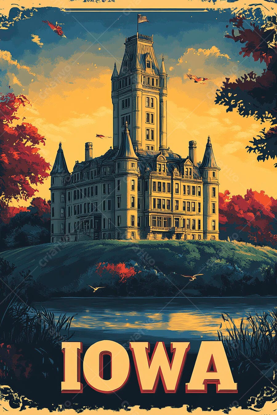 Edifício histórico imponente de Iowa paisagem com lago e céu alaranjado
