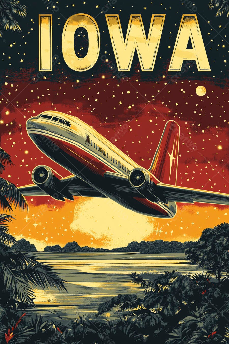 Pôster vintage avião a jato sobre ilha tropical céu estrelado IOWA dourado