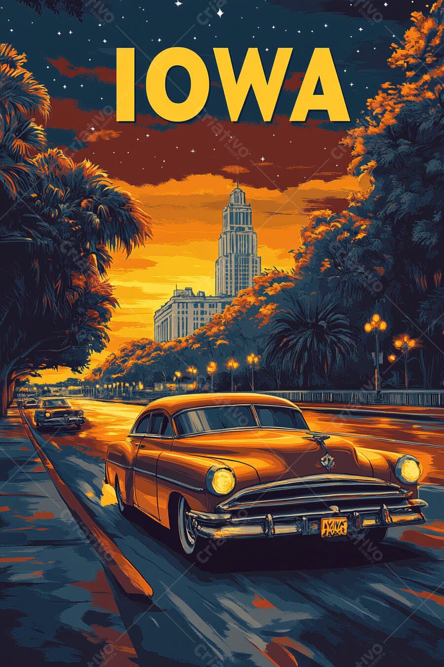 Carro clássico vintage laranja em poster de Iowa cidade ao pôr do sol