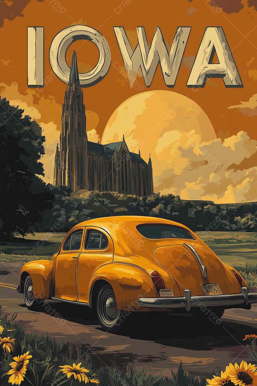 Carro vintage amarelo em paisagem de Iowa com catedral e sol poente