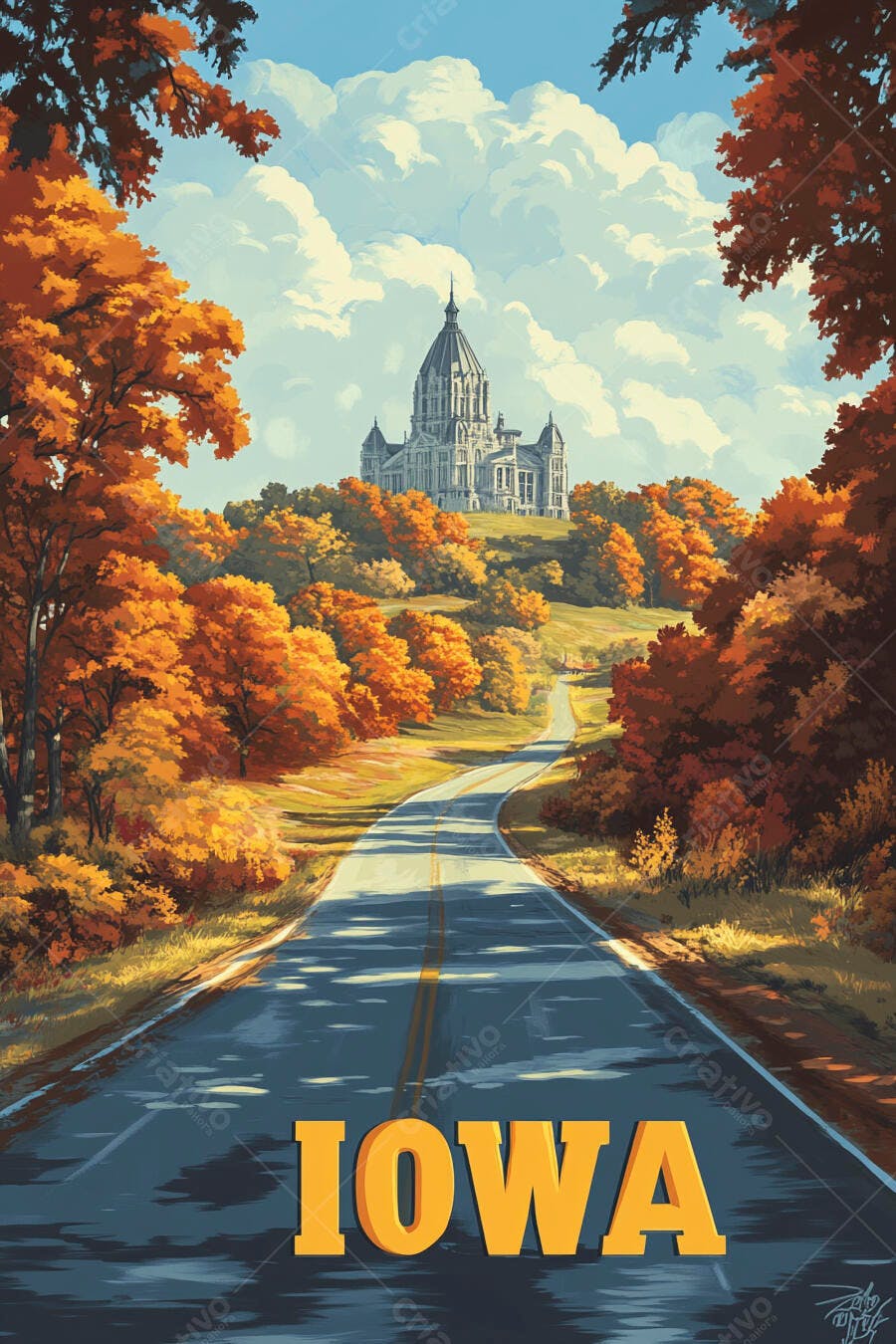 Estrada cênica de Iowa com folhagem de outono e edifício capitólio no horizonte