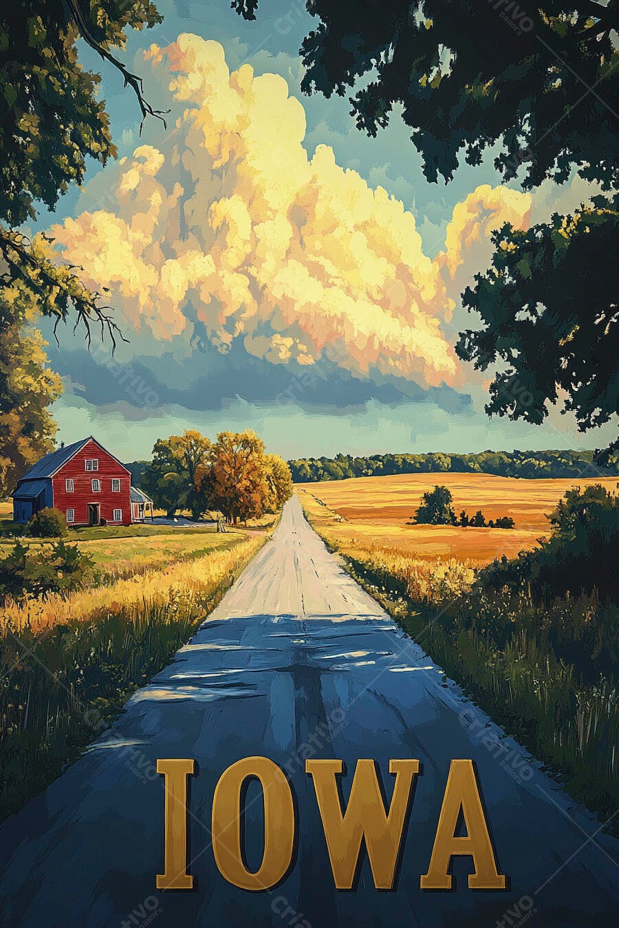 Paisagem rural de Iowa com estrada vermelha casa e campos dourados sob nuvens vastas