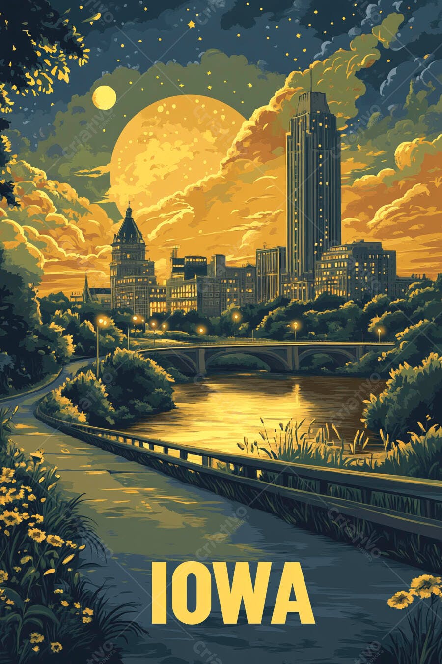 Iowa paisagem noturna com lua cheia rio edifícios dourados e céu azul escuro