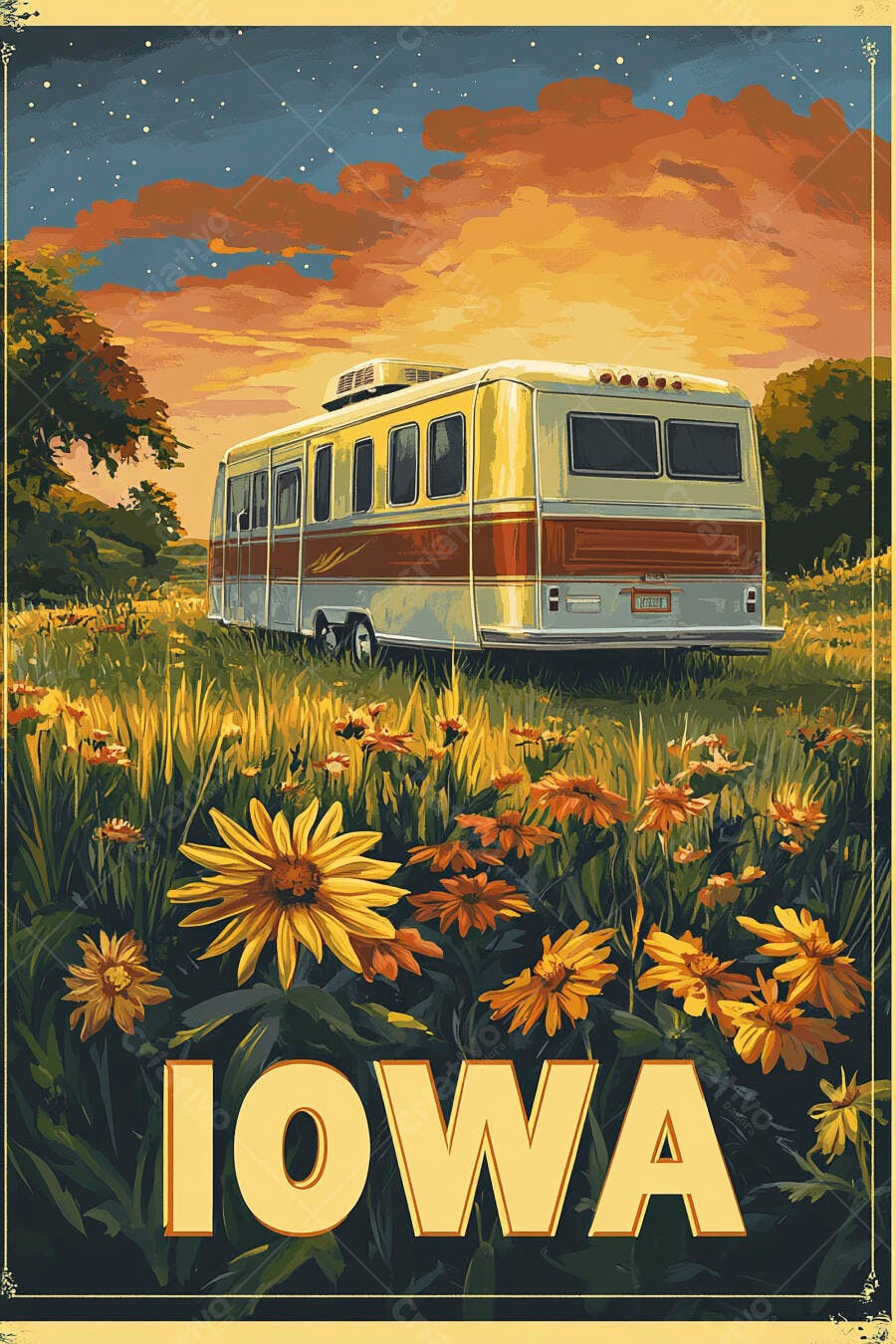 Motorhome vintage estacionado em campo de flores amarelas em Iowa ao pôr do sol
