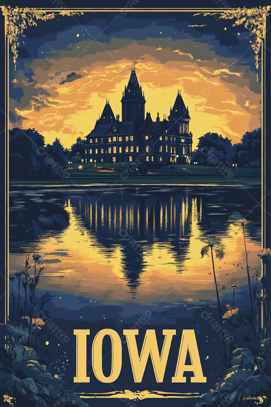Cartaz vintage Iowa edifício histórico lago pôr do sol laranja e azul