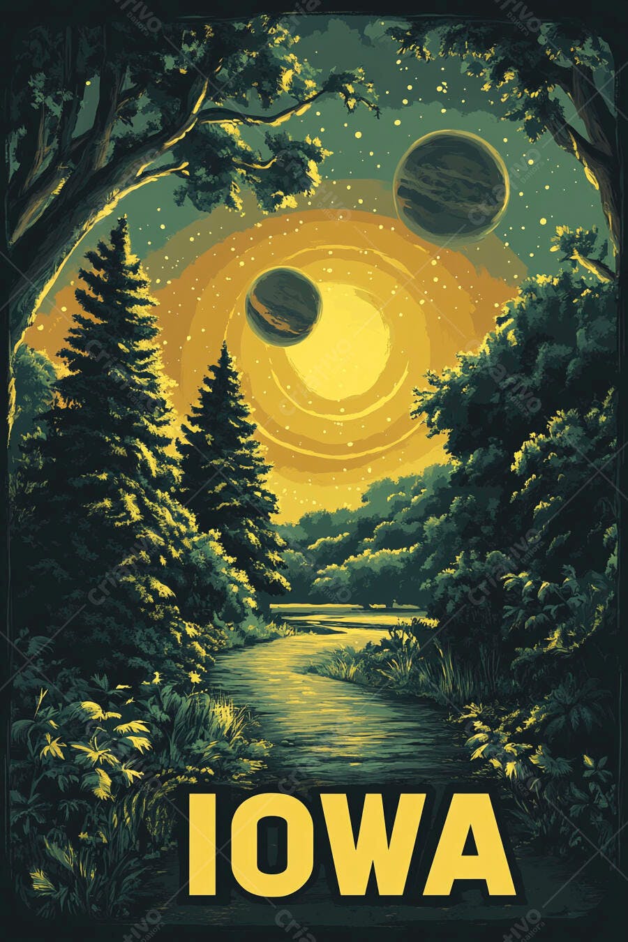 Poster de viagem Iowa floresta escura caminho riacho céu cósmico planetas sol amarelo