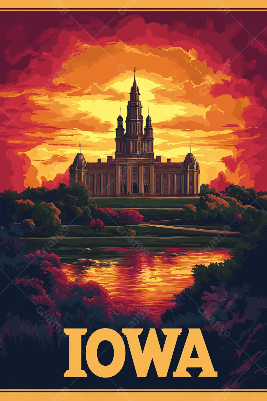 Capitólio de Iowa em pôr do sol vermelho e laranja sobre lago ilustração