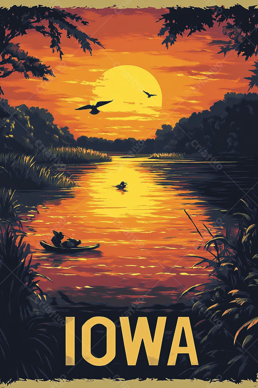 Pôr do sol vibrante sobre lago em Iowa com canoa e aves