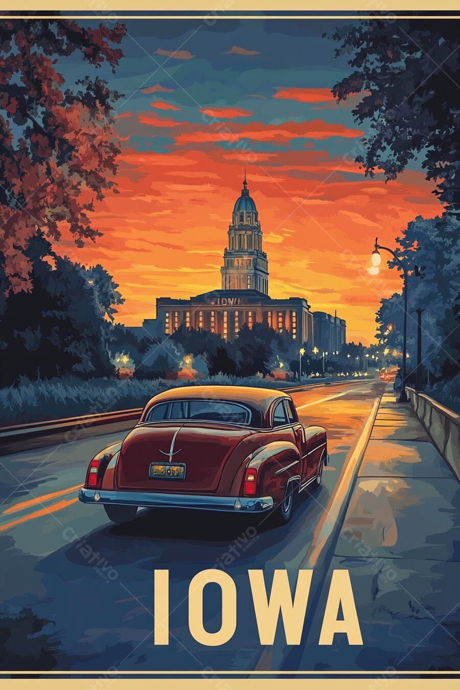 Carro vintage vermelho na estrada ao pôr do sol em Iowa