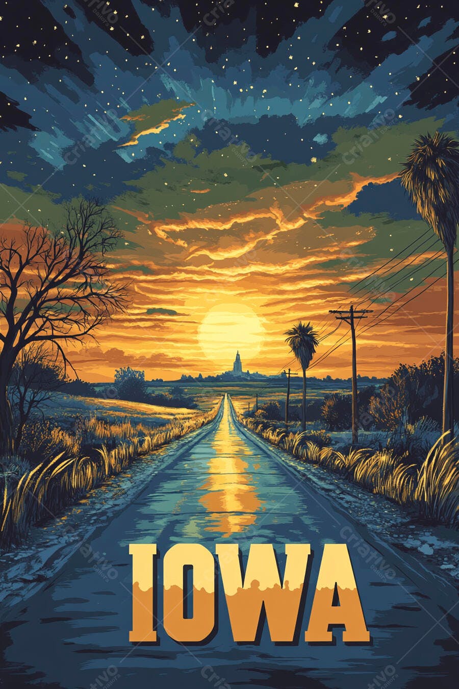Pôr do sol vibrante em estrada rural de Iowa com céu noturno estrelado