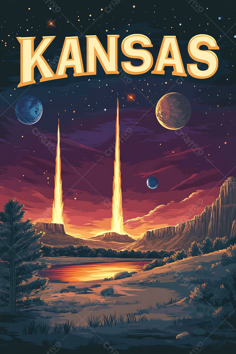 Pôster Kansas paisagem espacial com lançamentos de foguetes e planetas