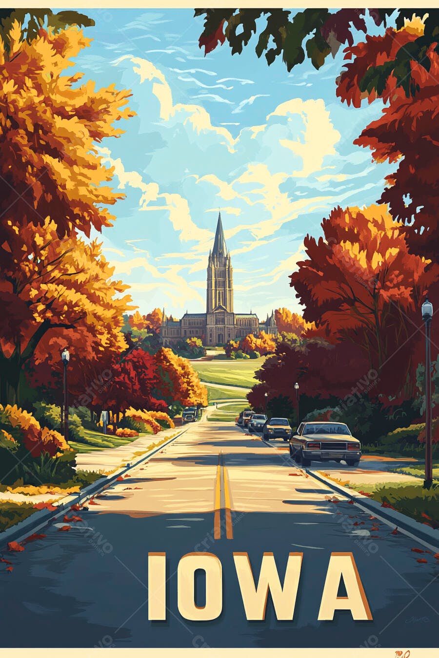 Edifício universitário histórico em Iowa com estrada outonal e árvores coloridas