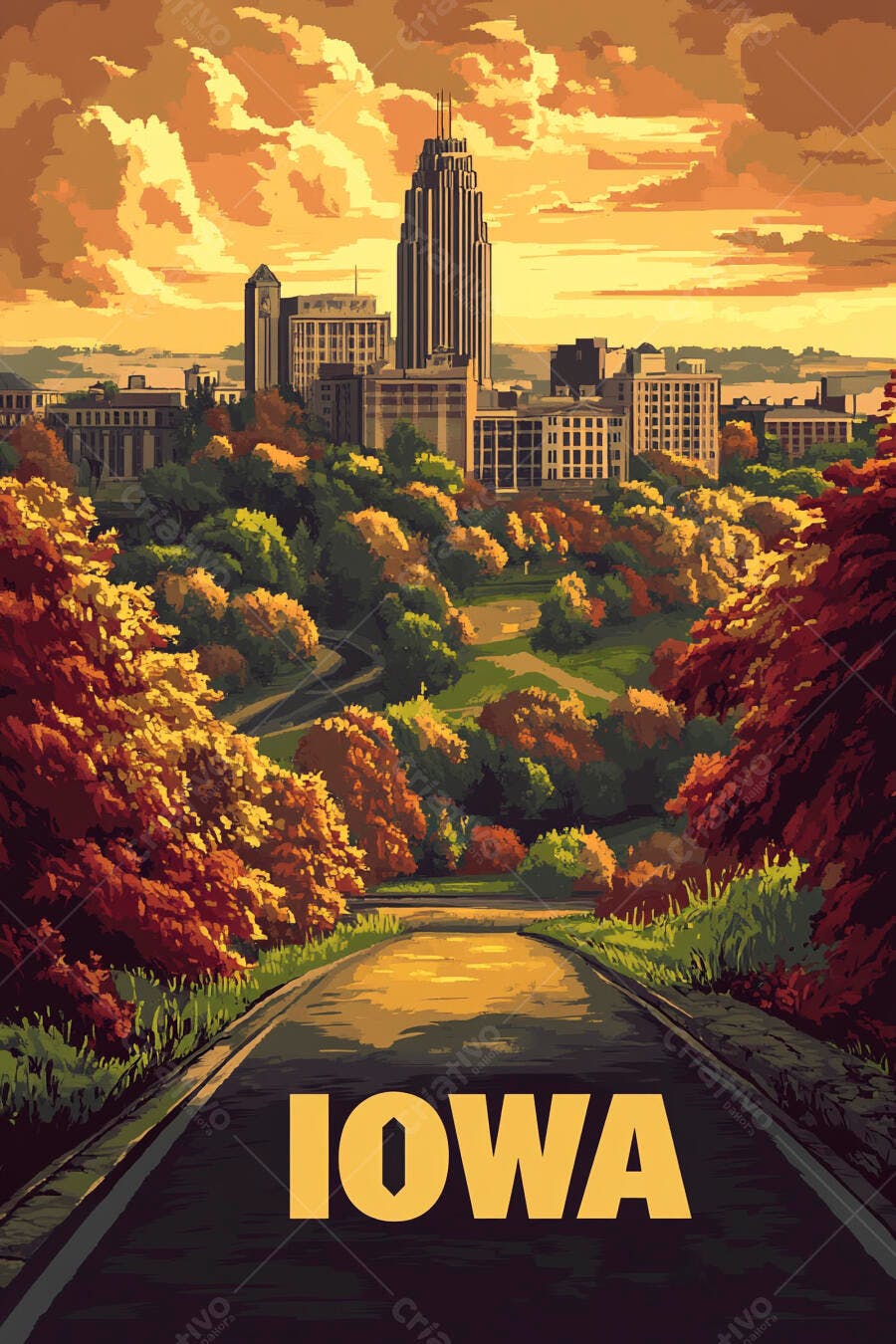 Horizonte de Iowa ao entardecer outonal com prédios altos e estrada