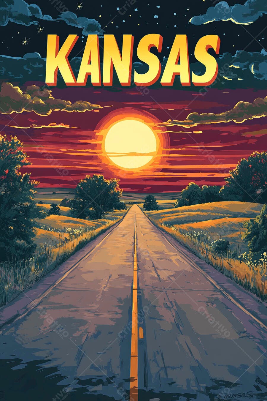 Poster Kansas estrada rural ao pôr do sol céu laranja e amarelo