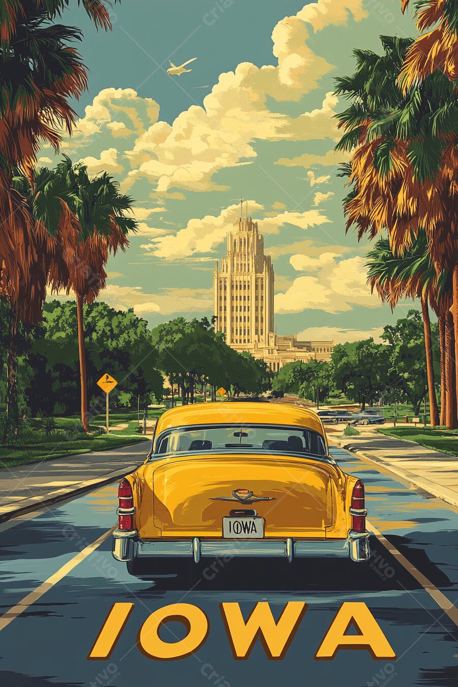 Carro vintage amarelo em rua de Iowa com palmeiras e edifício histórico