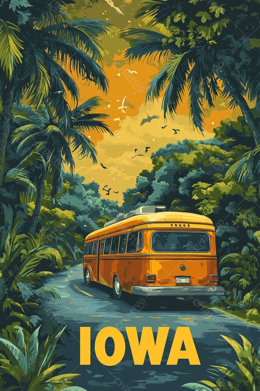 Ônibus vintage laranja em estrada tropical com palmeiras ao pôr do sol pôster Iowa